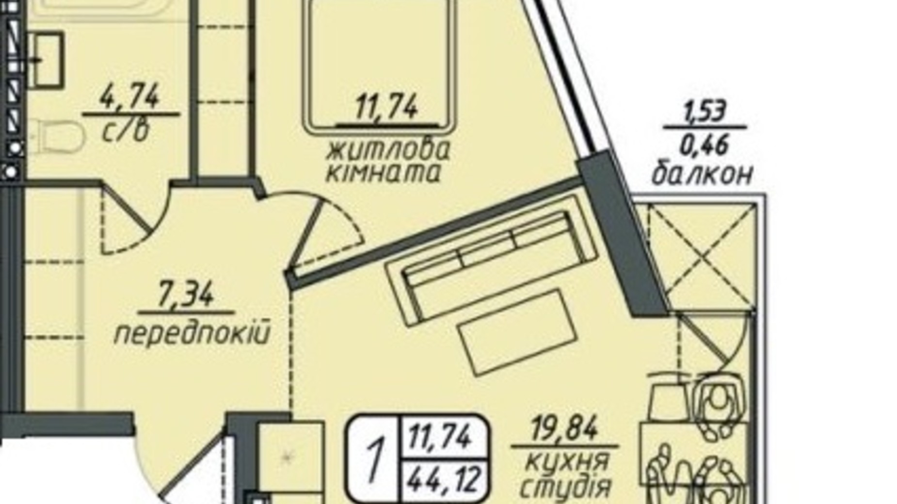 Планування 1-кімнатної квартири в ЖК Hills 44.12 м², фото 418342