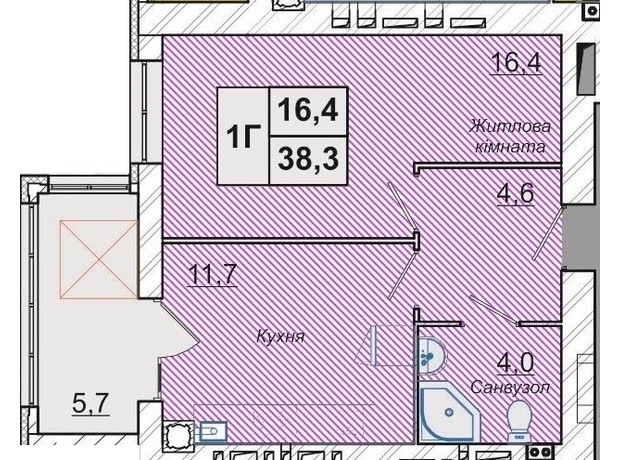 ЖК Рів’єра: планування 1-кімнатної квартири 38.3 м²