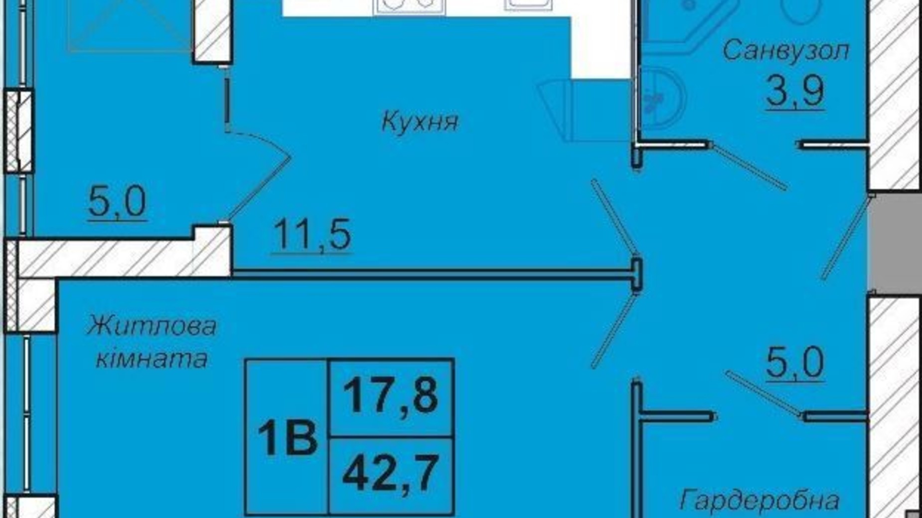 Планировка 1-комнатной квартиры в ЖК Ривьера 42.7 м², фото 418371