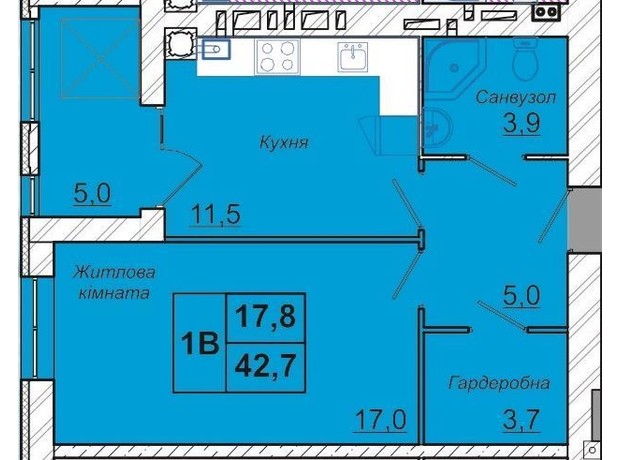 ЖК Ривьера: планировка 1-комнатной квартиры 42.7 м²