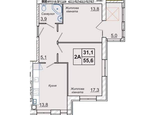 ЖК Рів’єра: планування 2-кімнатної квартири 55.6 м²