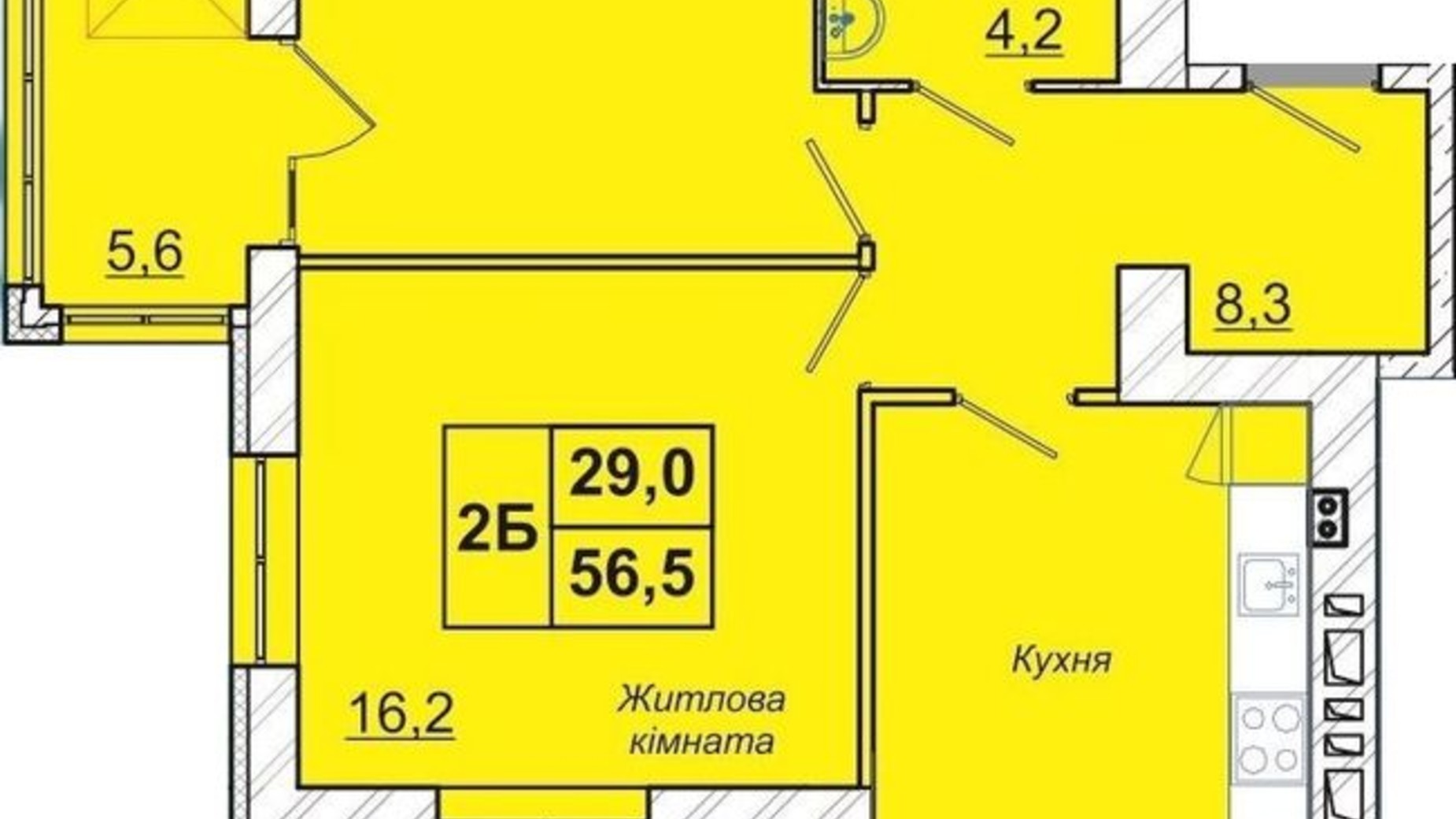 Планировка 2-комнатной квартиры в ЖК Ривьера 56.5 м², фото 418373