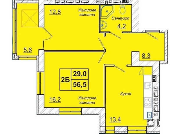 ЖК Ривьера: планировка 2-комнатной квартиры 56.5 м²