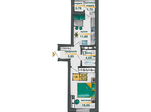 ЖК Сирецькі Сади: планування 1-кімнатної квартири 42.23 м²