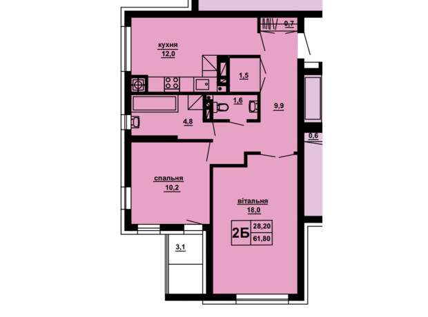 ЖК Beverly Hills: планировка 2-комнатной квартиры 61.8 м²