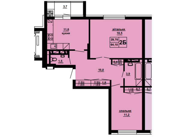 ЖК Beverly Hills: планировка 2-комнатной квартиры 64.1 м²