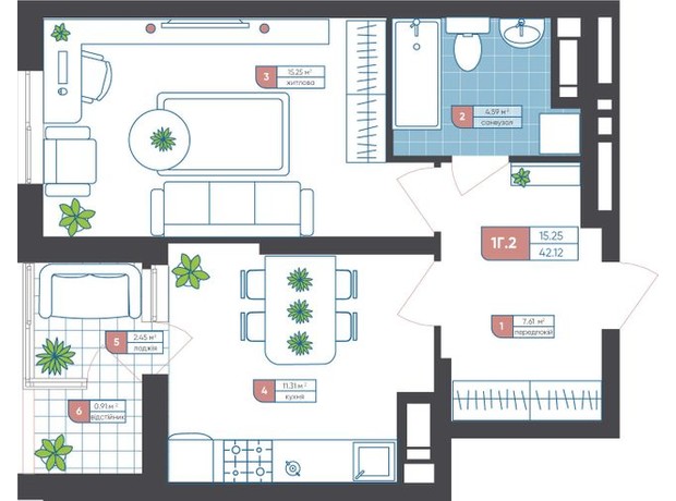 ЖК Академ-Квартал: планировка 1-комнатной квартиры 42.12 м²