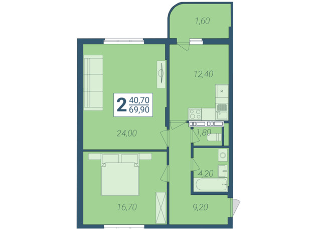 ЖК Новосельцево: планировка 2-комнатной квартиры 69.9 м²