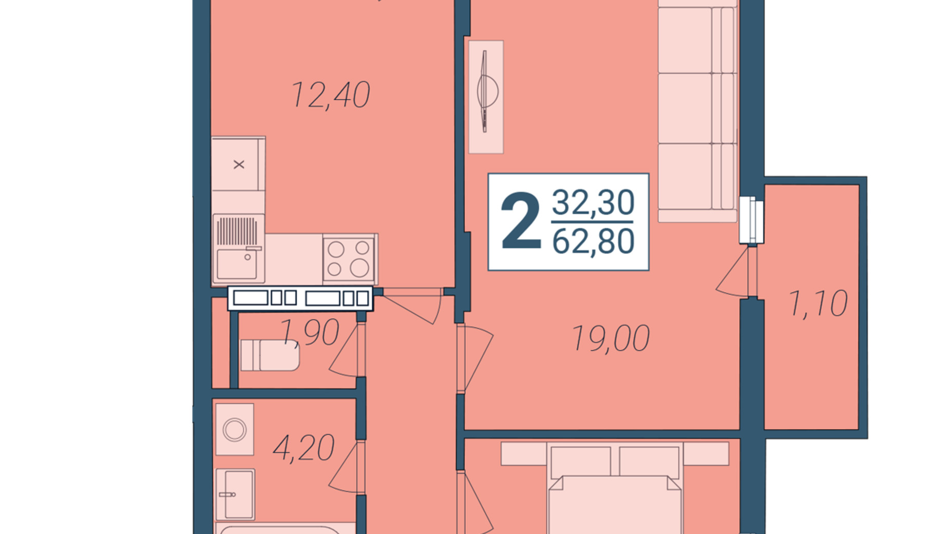 Планування 2-кімнатної квартири в ЖК Новосельцево 62.8 м², фото 419358