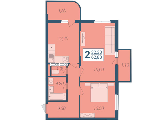 ЖК Новосельцево: планировка 2-комнатной квартиры 62.8 м²