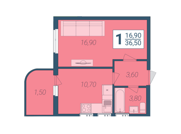 ЖК Новосельцево: планування 1-кімнатної квартири 36.5 м²
