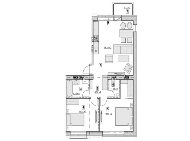 ЖК Роза на Граните: планировка 2-комнатной квартиры 64 м²