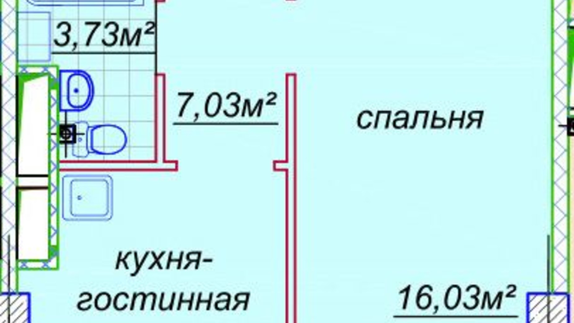 Планировка свободная планировка квартиры в ЖК Миронова 41.37 м², фото 421769