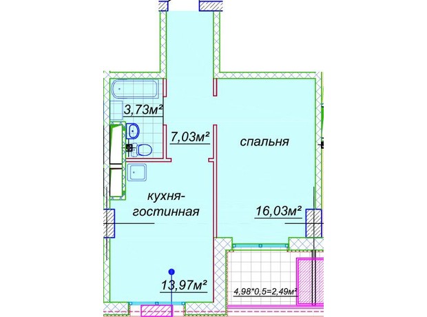 ЖК Миронова: свободная планировка квартиры 41.37 м²