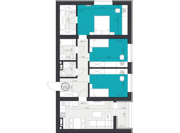ЖК 3V Volkova: планировка 3-комнатной квартиры 85.66 м²