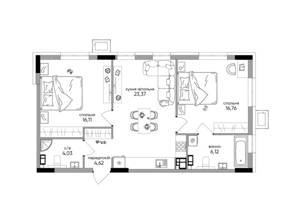 МФК Olegivskiy: планировка 2-комнатной квартиры 71.41 м² МФК Olegivskiy: планировка 2-комнатной квартиры 71.41 м²