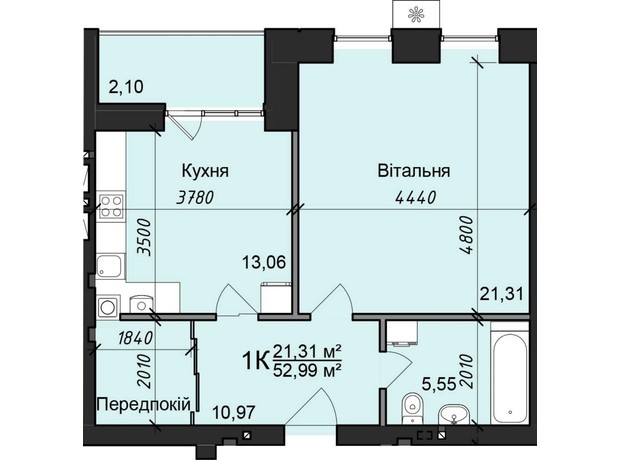 ЖК Жилой дом 2: планировка 1-комнатной квартиры 52.99 м²