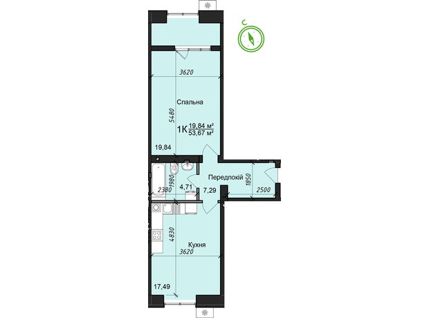 ЖК Житловий будинок 2: планування 1-кімнатної квартири 53.67 м²