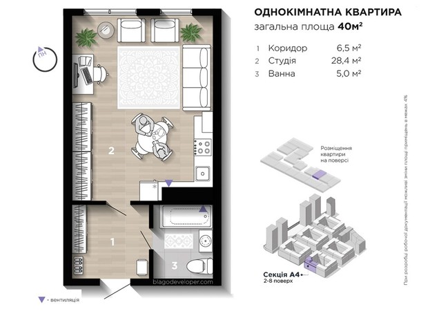 ЖК Manhattan Up: планування 1-кімнатної квартири 33 м²