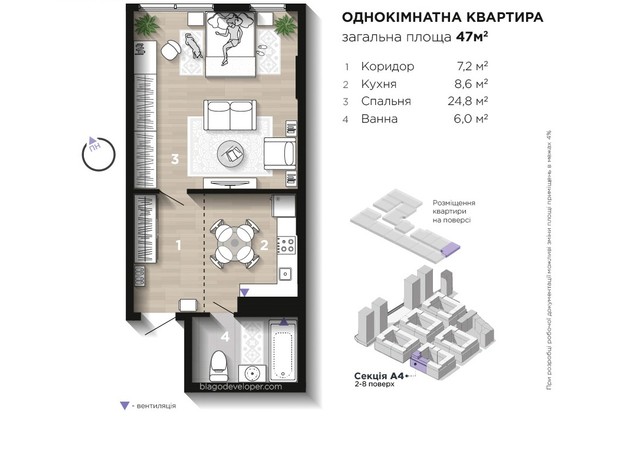 ЖК Manhattan Up: планування 1-кімнатної квартири 47 м²
