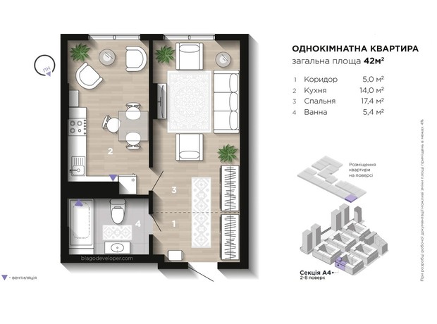 ЖК Manhattan Up: планування 1-кімнатної квартири 42 м²