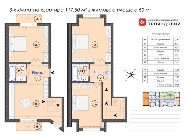 ЖК Трояндовый: планировка 3-комнатной квартиры 117.5 м²