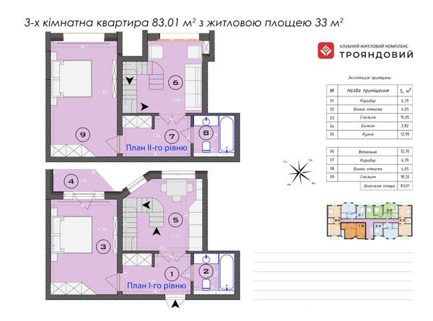 ЖК Трояндовый: планировка 3-комнатной квартиры 83.01 м²