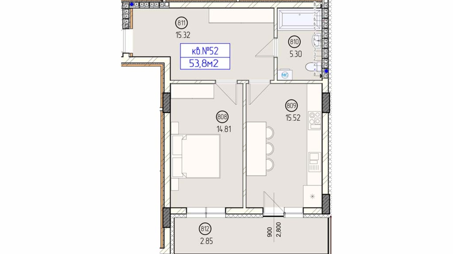 Планировка 1-комнатной квартиры в ЖК Будапешт 55.5 м², фото 423249