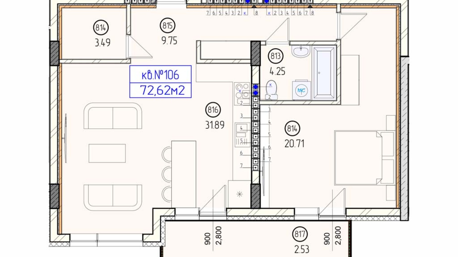 Планировка 2-комнатной квартиры в ЖК Будапешт 71.9 м², фото 423253