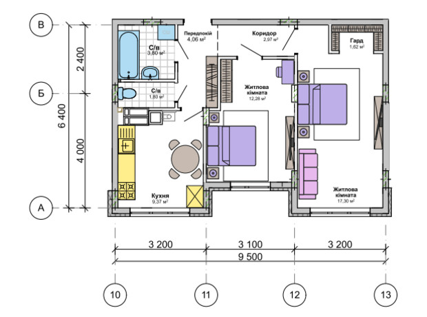 ЖК Orange Park: планування 2-кімнатної квартири 53.2 м²