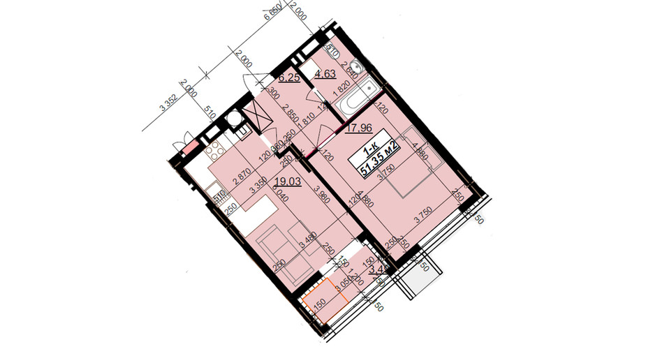 Планування 1-кімнатної квартири в ЖК Millennium 51.35 м², фото 424835