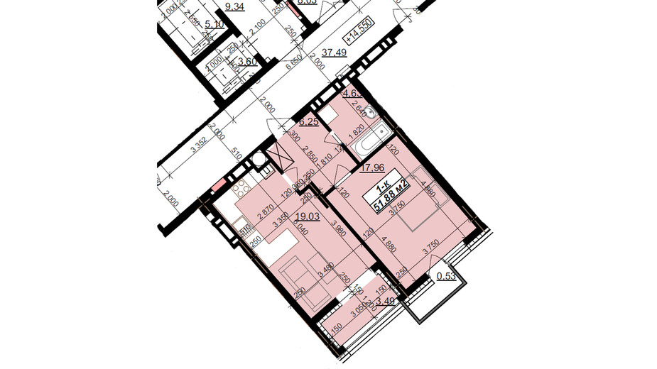 Планування 1-кімнатної квартири в ЖК Millennium 51.88 м², фото 424837