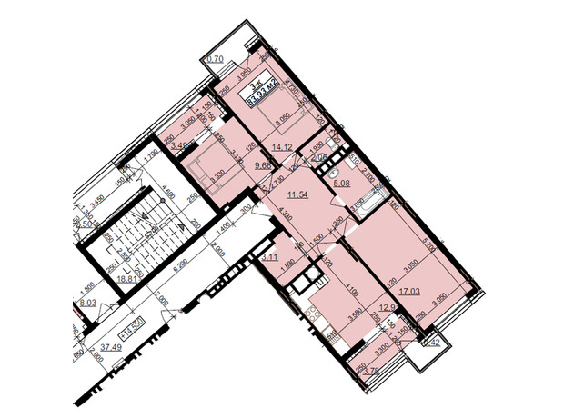 ЖК Millennium: планировка 3-комнатной квартиры 83.93 м²