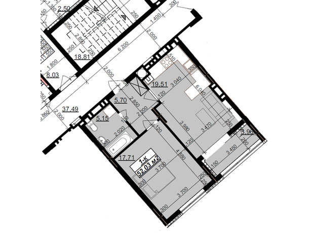 ЖК Millennium: планировка 1-комнатной квартиры 52.03 м²