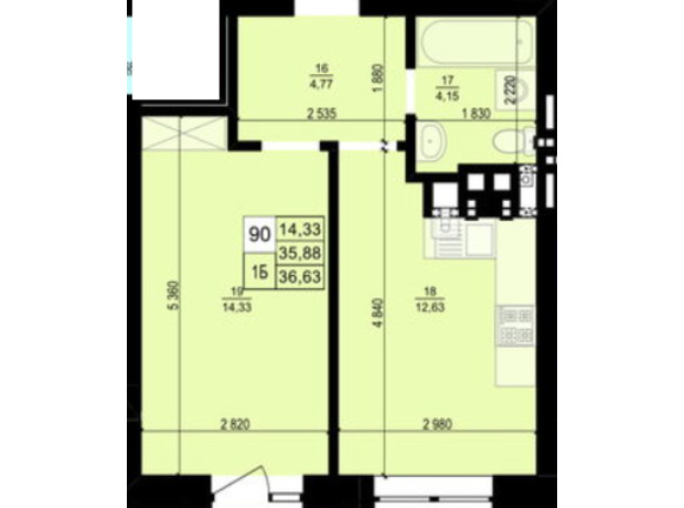ЖК Святий Антоній: планування 1-кімнатної квартири 36.63 м²
