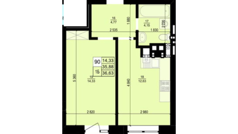 Планування 1-кімнатної квартири в ЖК Святий Антоній 36.63 м², фото 424892