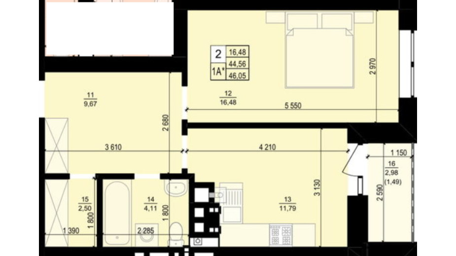 Планування 1-кімнатної квартири в ЖК Святий Антоній 46.05 м², фото 424894