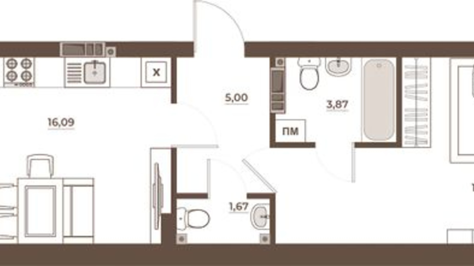 Планування 1-кімнатної квартири в ЖК Hvoya 51.92 м², фото 425464