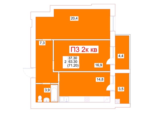 ЖК Мрия: планировка 2-комнатной квартиры 71.2 м²