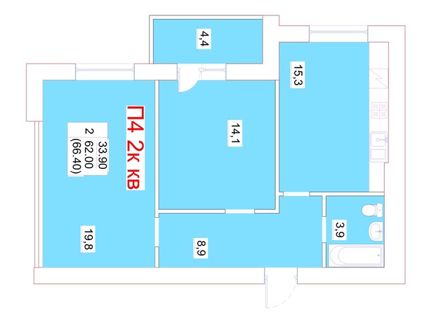 ЖК Мрия: планировка 2-комнатной квартиры 66.4 м²