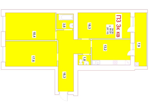 ЖК Мрия: планировка 3-комнатной квартиры 97.1 м²