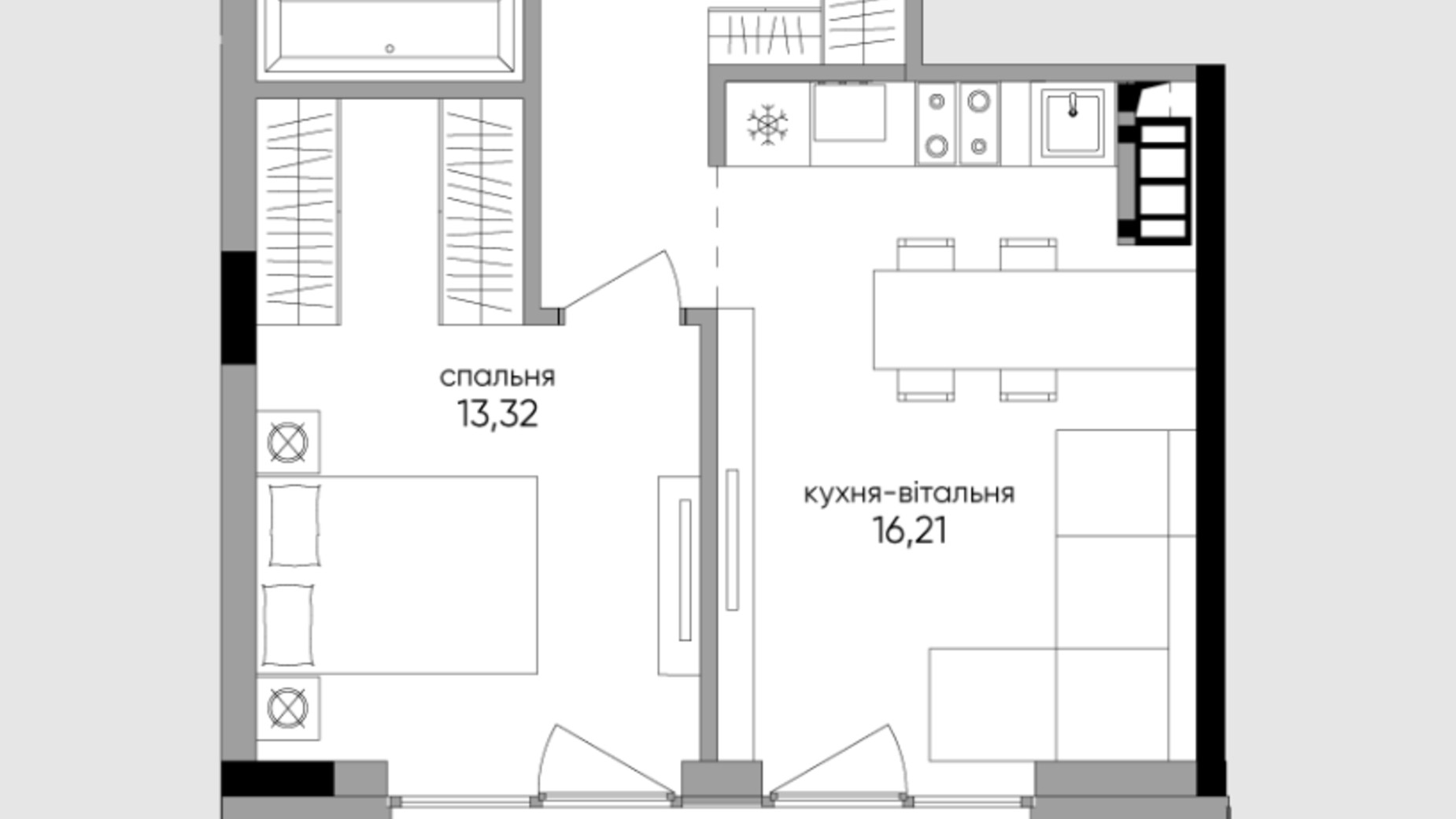 Планування 1-кімнатної квартири в ЖК Park Lake City Aqua 45.07 м², фото 425863