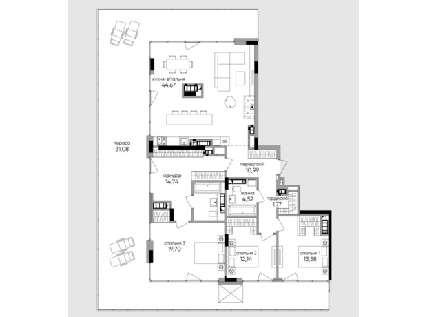 ЖК Park Lake City Aqua: планування 3-кімнатної квартири 155.09 м²