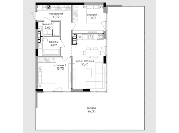 ЖК Park Lake City Aqua: планировка 2-комнатной квартиры 88.62 м²