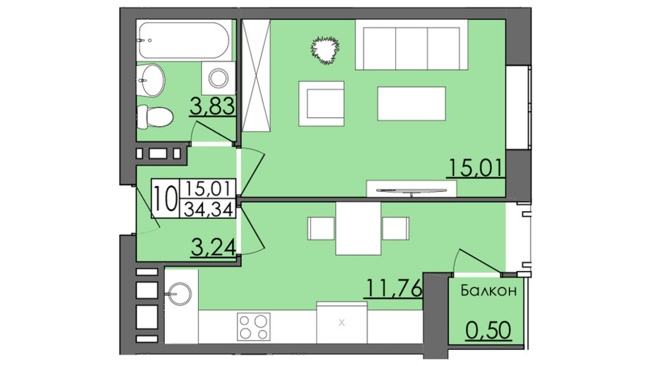 Планування 1-кімнатної квартири в ЖК Родинна Казка 34.34 м², фото 426041