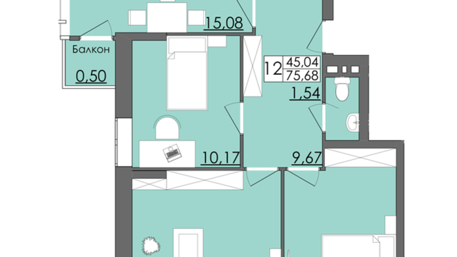 Планування 3-кімнатної квартири в ЖК Родинна Казка 75.68 м², фото 426042