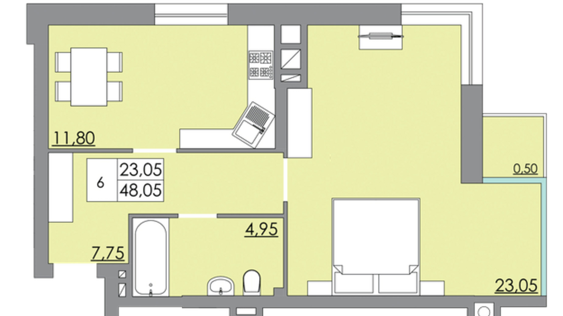 Планування 1-кімнатної квартири в ЖК Панда 48.05 м², фото 426046