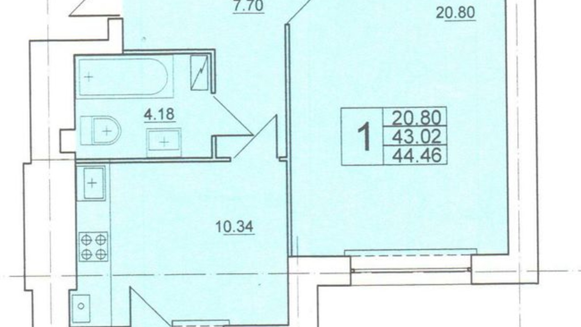 Планировка 1-комнатной квартиры в ЖК ул. Самборская, 128/1 44.46 м², фото 426183