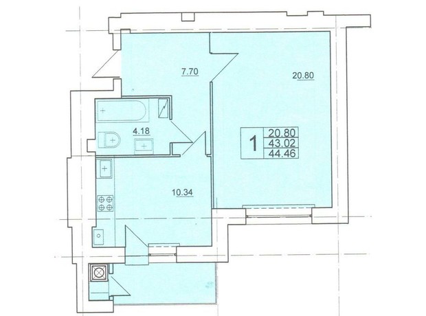 ЖК ул. Самборская, 128/1: планировка 1-комнатной квартиры 44.46 м²