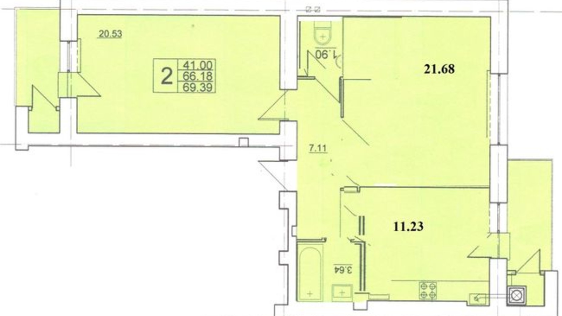 Планування 2-кімнатної квартири в ЖК вул. Самбірська, 128/1 69.39 м², фото 426185